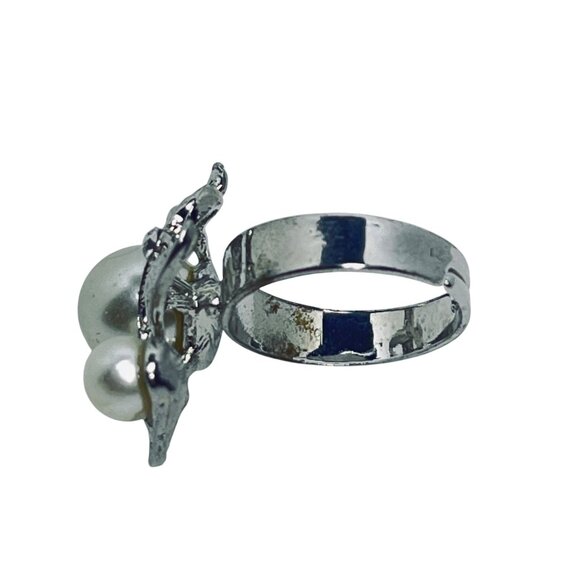 Silver Tone Leaf Design Adjustable Statement Ring With Faux Pearls (R437) - Picture 6 of 7